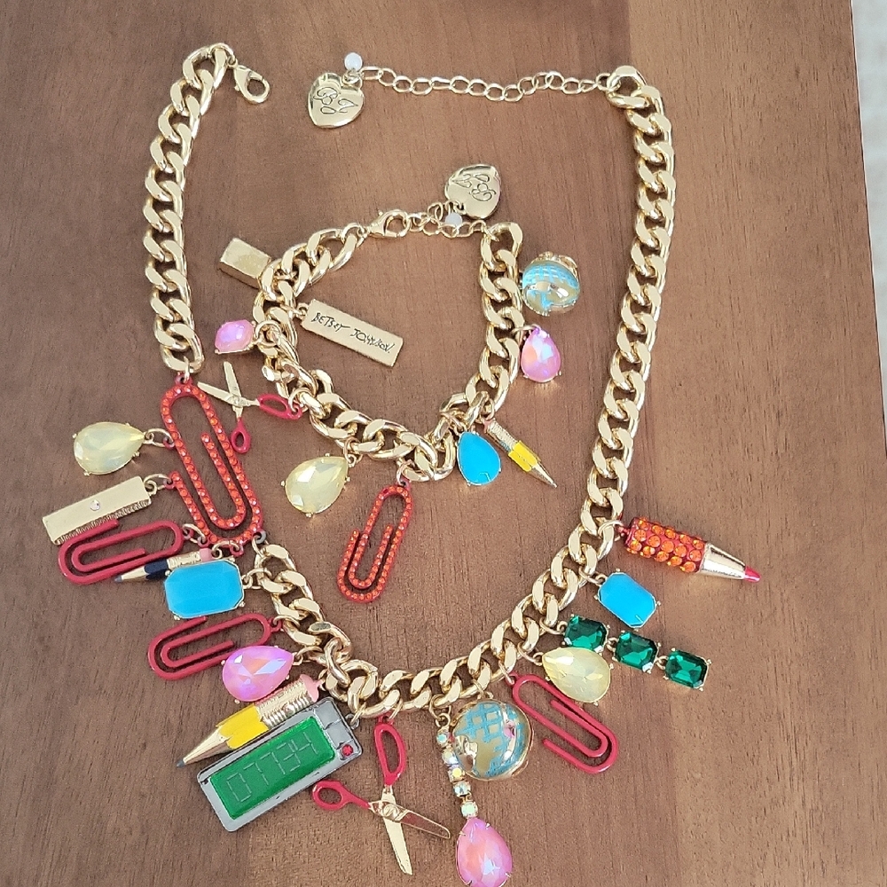 Betsey Johnson Gold Chain Necklace with Turquoise, Pink & Bracet